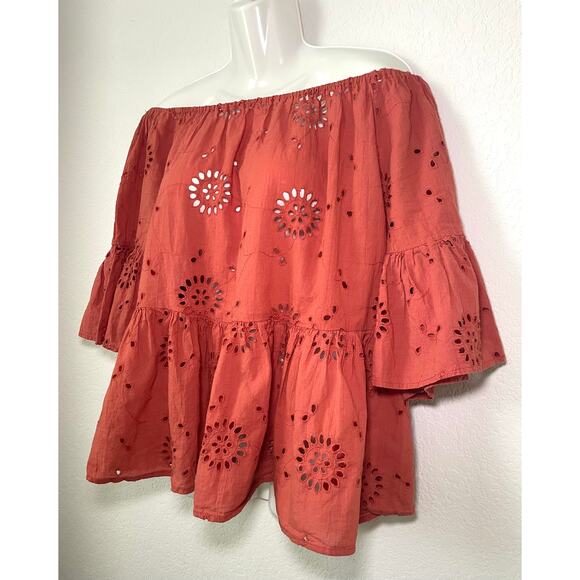 Boho Style Rust Orange Women's Top W/Eyelet Detail Off Shoulder Neckline Size Lg - Picture 4 of 7